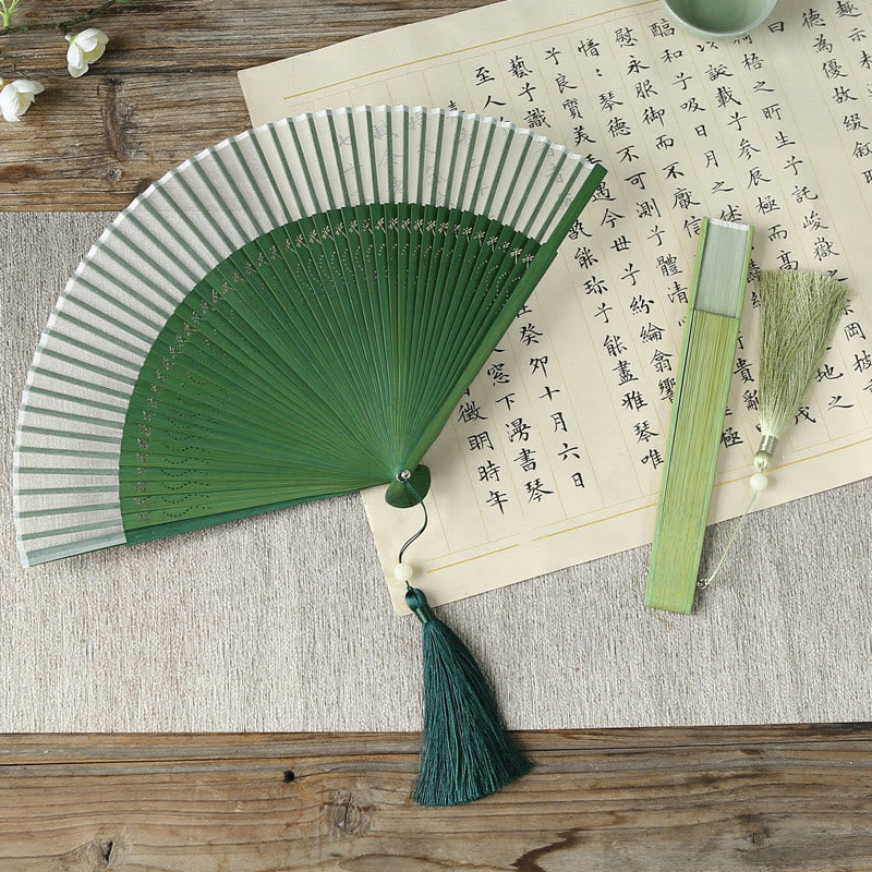 Nimara Ritual Solid Color Dragonfly Tassel Handheld Mulberry Silk Bamboo Folding Fan