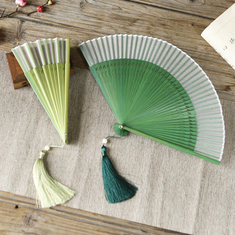 Nimara Ritual Solid Color Dragonfly Tassel Handheld Mulberry Silk Bamboo Folding Fan