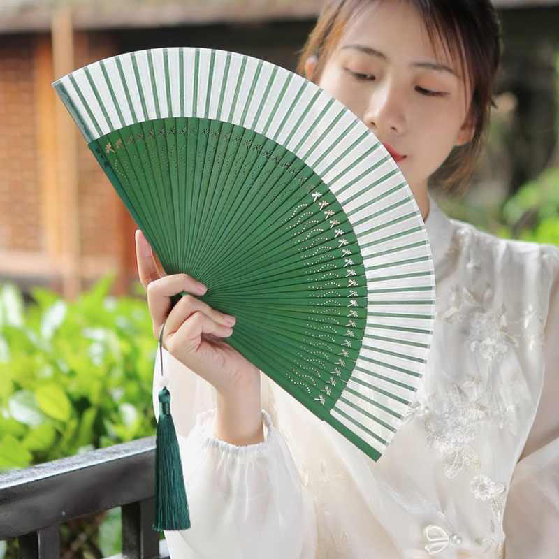 Nimara Ritual Solid Color Dragonfly Tassel Handheld Mulberry Silk Bamboo Folding Fan