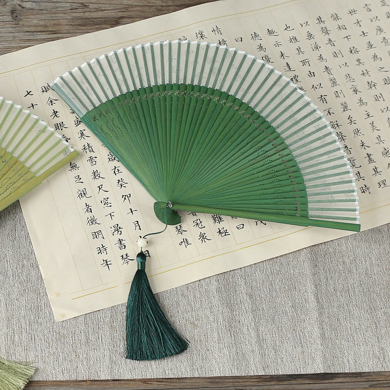 Nimara Ritual Solid Color Dragonfly Tassel Handheld Mulberry Silk Bamboo Folding Fan