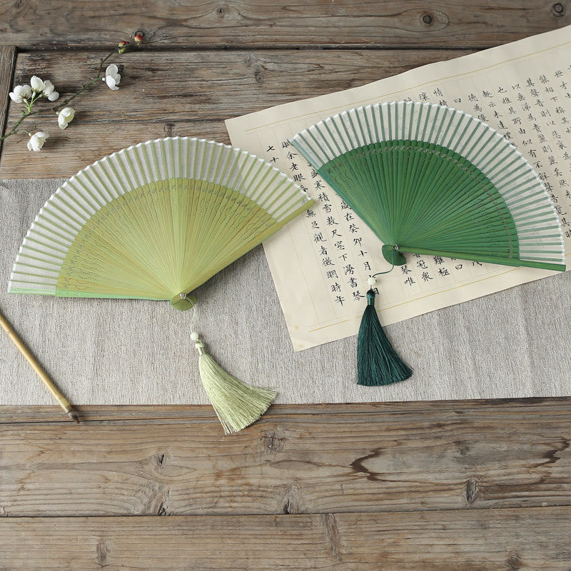 Nimara Ritual Solid Color Dragonfly Tassel Handheld Mulberry Silk Bamboo Folding Fan