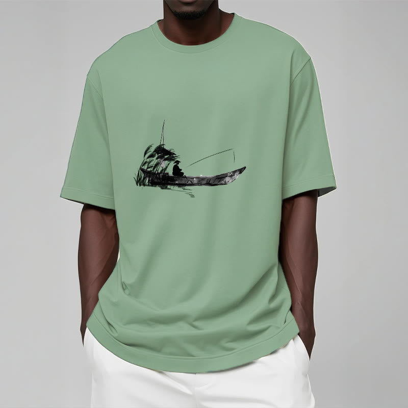 Nimara Ritual Boat Fishing Grass Pattern Cotton Tee T-shirt