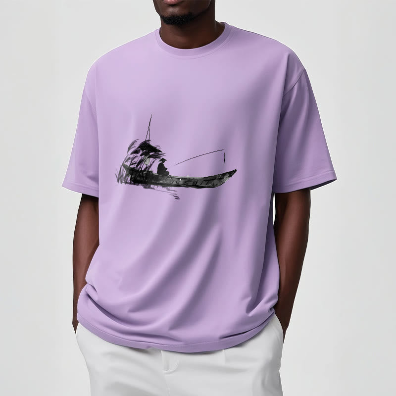 Nimara Ritual Boat Fishing Grass Pattern Cotton Tee T-shirt