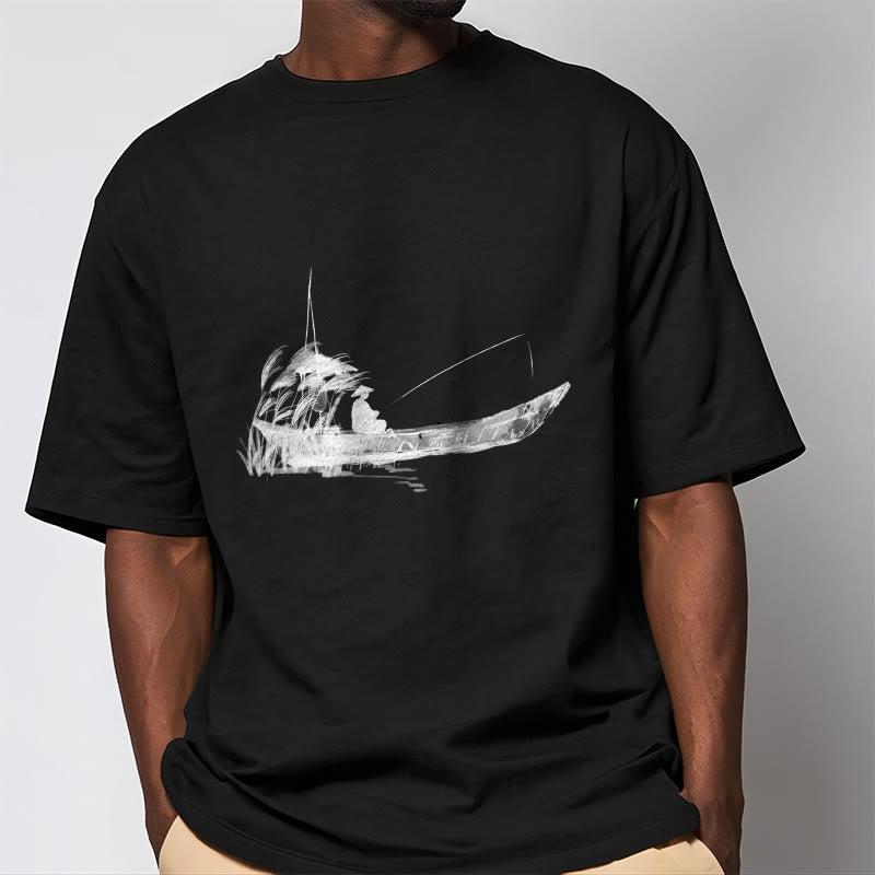 Nimara Ritual Boat Fishing Grass Pattern Cotton Tee T-shirt