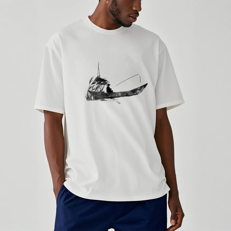 Nimara Ritual Boat Fishing Grass Pattern Cotton Tee T-shirt