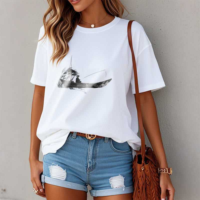 Nimara Ritual Boat Fishing Grass Pattern Cotton Tee T-shirt