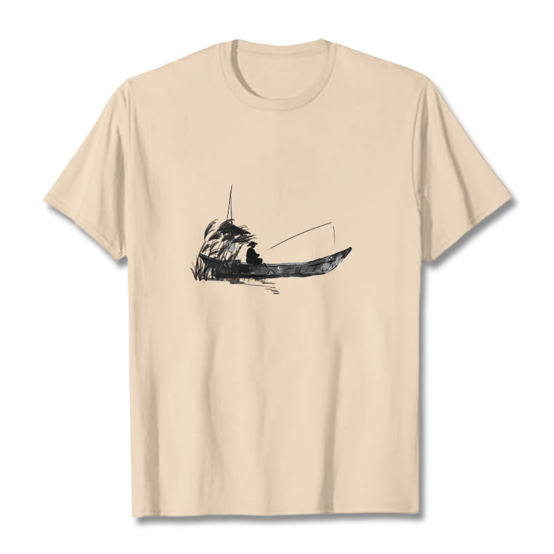 Nimara Ritual Boat Fishing Grass Pattern Cotton Tee T-shirt