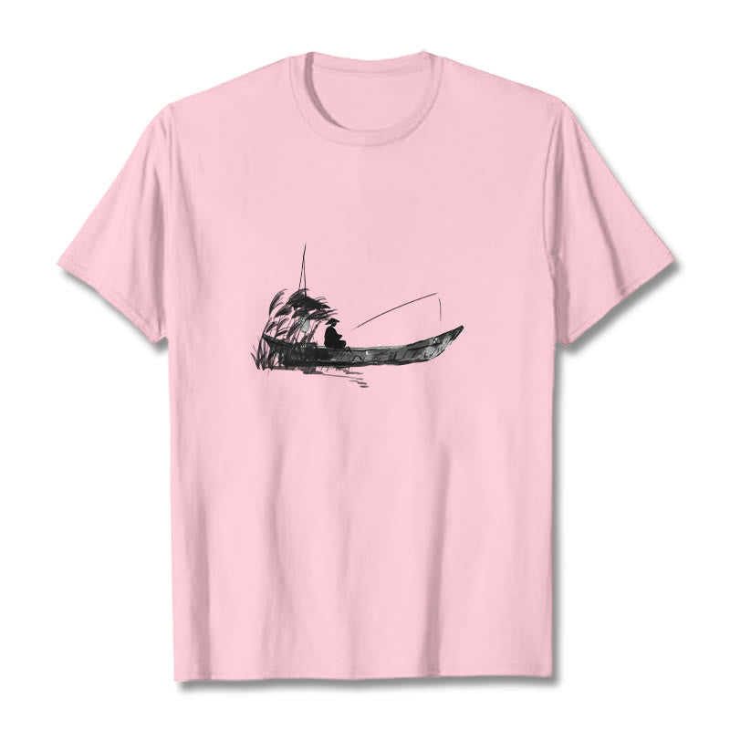 Nimara Ritual Boat Fishing Grass Pattern Cotton Tee T-shirt