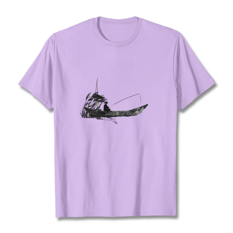 Nimara Ritual Boat Fishing Grass Pattern Cotton Tee T-shirt