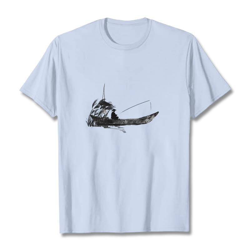 Nimara Ritual Boat Fishing Grass Pattern Cotton Tee T-shirt