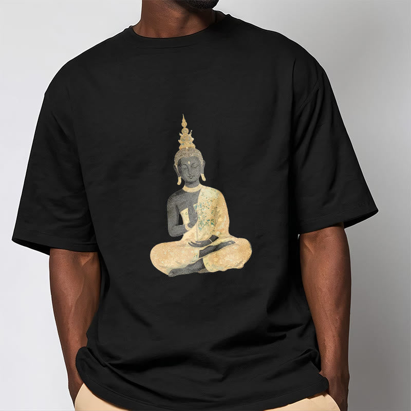Nimara Ritual Meditating Buddha Pattern Cotton Tee T-shirt