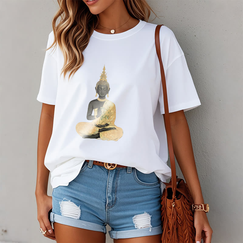 Nimara Ritual Meditating Buddha Pattern Cotton Tee T-shirt