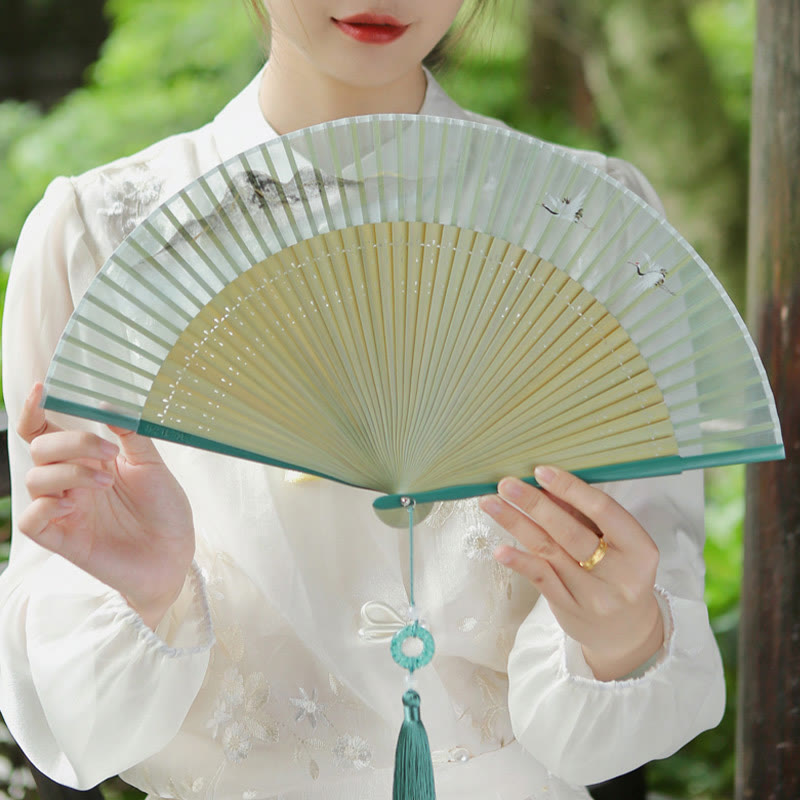 Nimara Ritual Retro Mountain River Crane Silk Handheld Bamboo Folding Fan