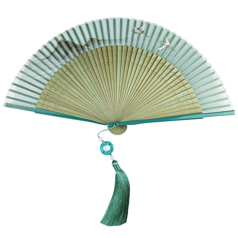 Nimara Ritual Retro Mountain River Crane Silk Handheld Bamboo Folding Fan