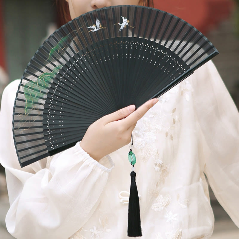 Nimara Ritual Retro Mountain River Crane Silk Handheld Bamboo Folding Fan