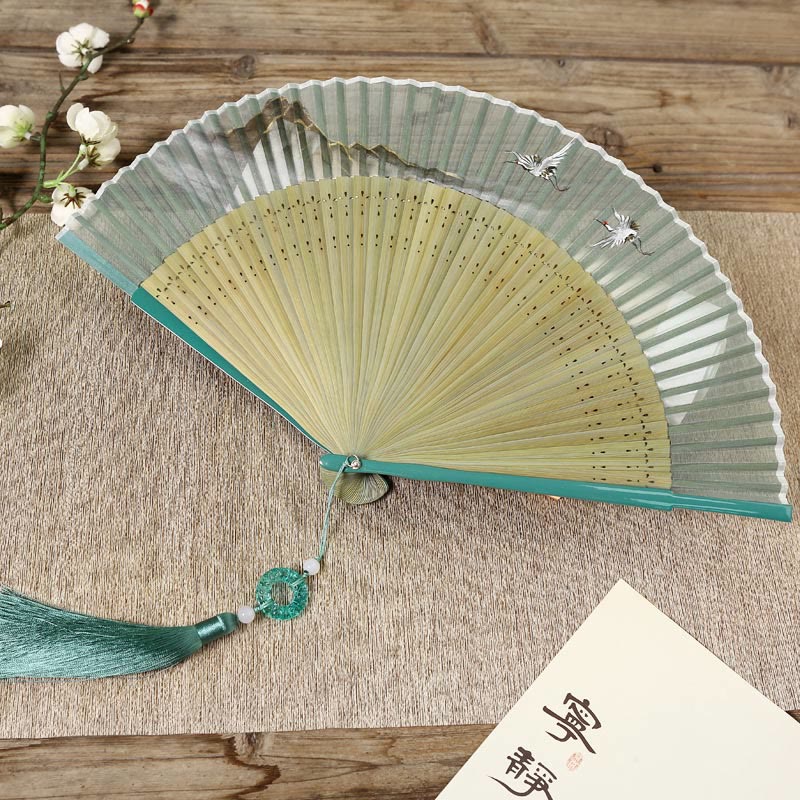 Nimara Ritual Retro Mountain River Crane Silk Handheld Bamboo Folding Fan