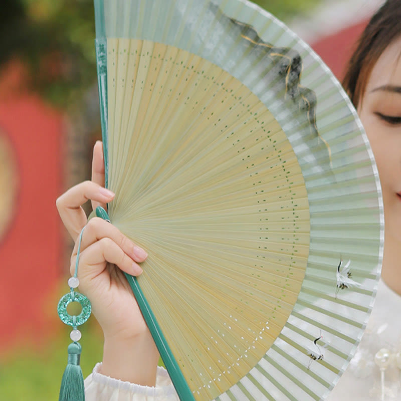 Nimara Ritual Retro Mountain River Crane Silk Handheld Bamboo Folding Fan