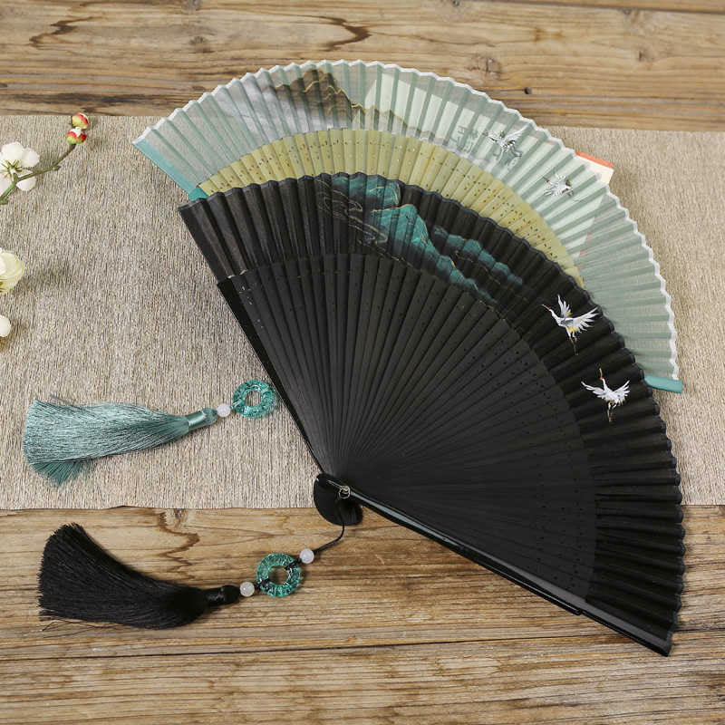 Nimara Ritual Retro Mountain River Crane Silk Handheld Bamboo Folding Fan