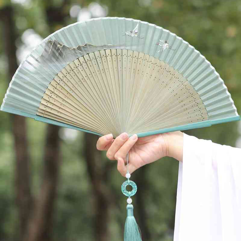 Nimara Ritual Retro Mountain River Crane Silk Handheld Bamboo Folding Fan