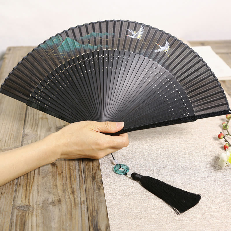 Nimara Ritual Retro Mountain River Crane Silk Handheld Bamboo Folding Fan