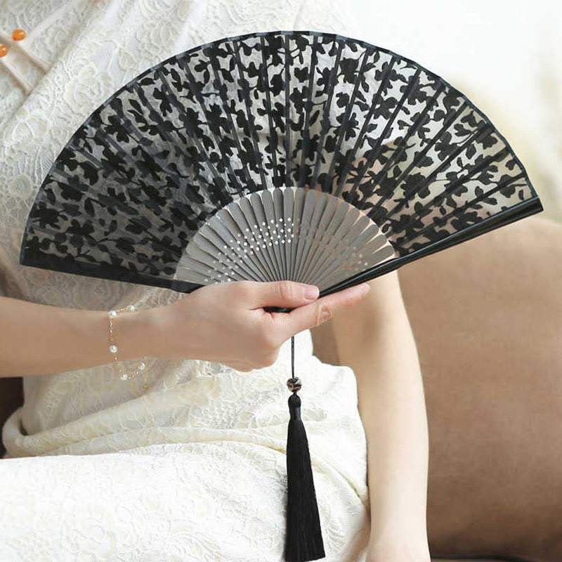 Nimara Ritual Retro Leaves Flower Silk Handheld Bamboo Folding Fan