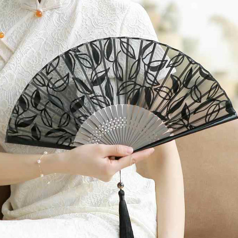 Nimara Ritual Retro Leaves Flower Silk Handheld Bamboo Folding Fan