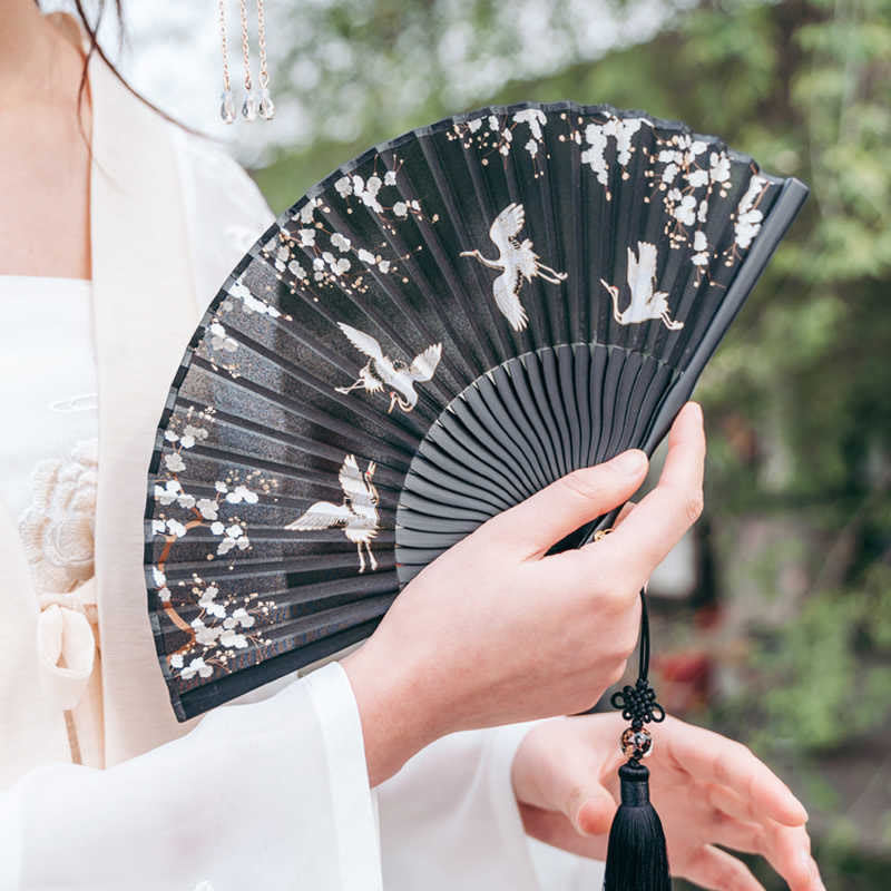 Nimara Ritual Plum Blossom Crane Silk Handheld Bamboo Folding Fan