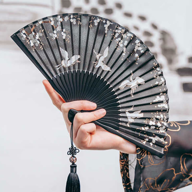 Nimara Ritual Plum Blossom Crane Silk Handheld Bamboo Folding Fan