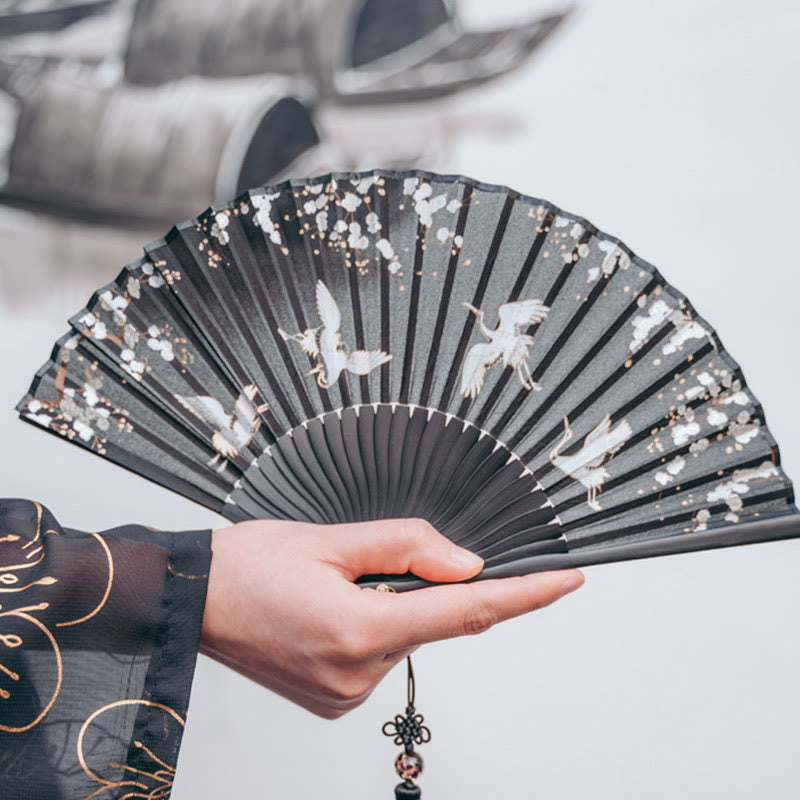 Nimara Ritual Plum Blossom Crane Silk Handheld Bamboo Folding Fan