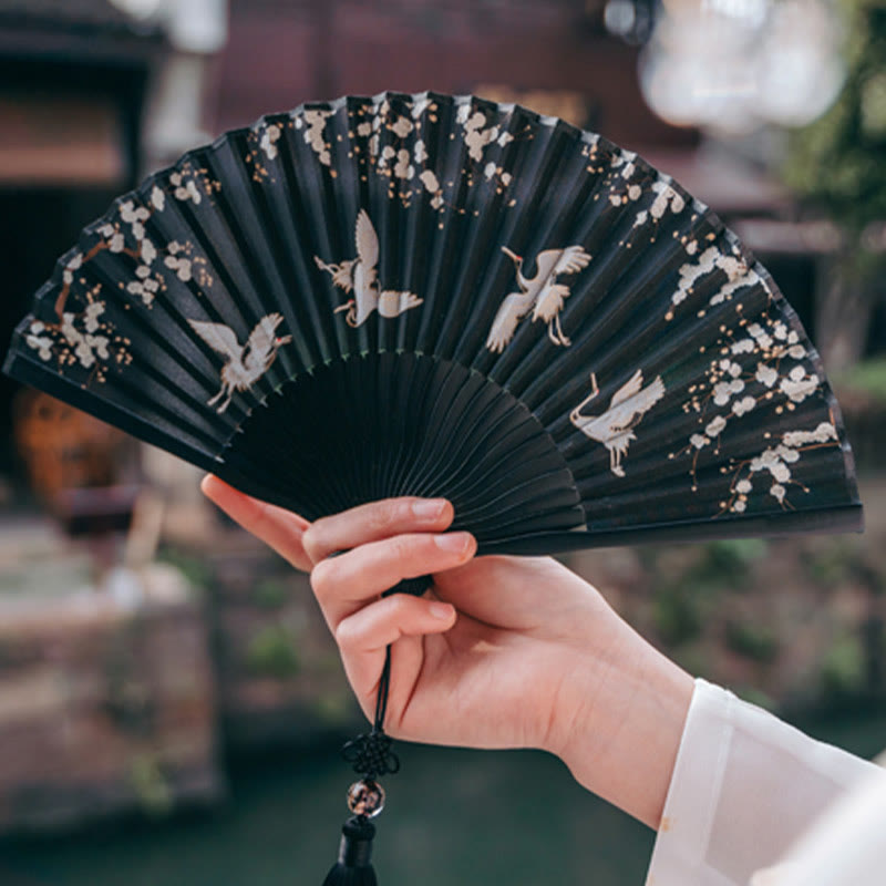 Nimara Ritual Plum Blossom Crane Silk Handheld Bamboo Folding Fan