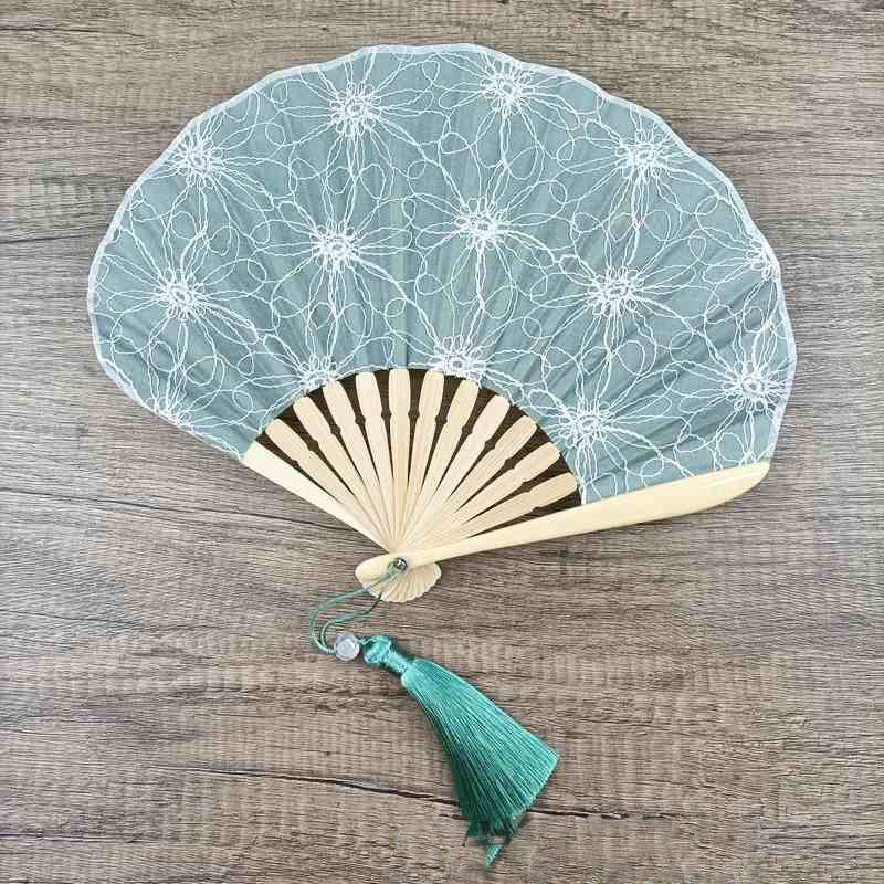 Nimara Ritual Retro Large Flower Embroidery Shell Shape Tassels Handheld Bamboo Folding Fan