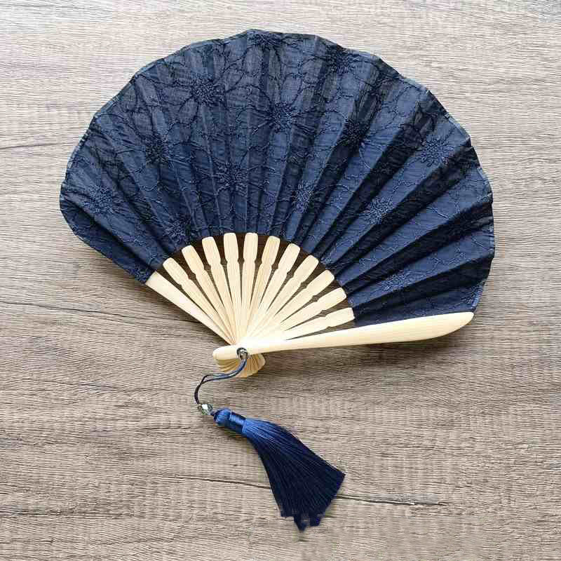 Nimara Ritual Retro Large Flower Embroidery Shell Shape Tassels Handheld Bamboo Folding Fan