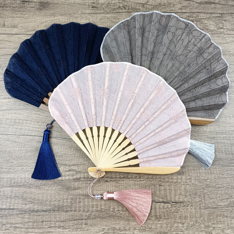 Nimara Ritual Retro Large Flower Embroidery Shell Shape Tassels Handheld Bamboo Folding Fan