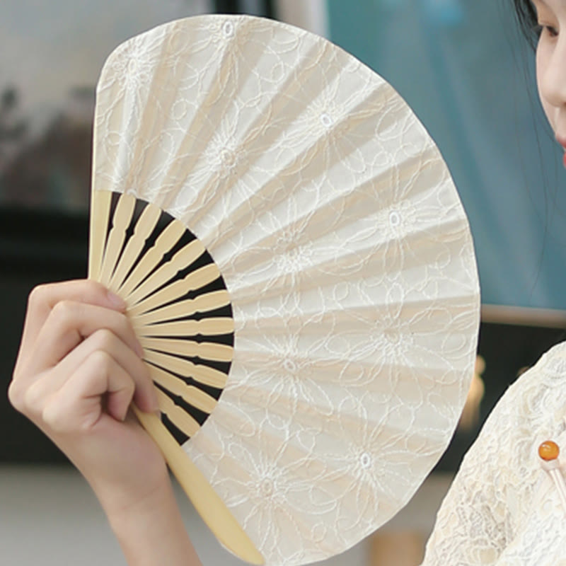 Nimara Ritual Retro Large Flower Embroidery Shell Shape Tassels Handheld Bamboo Folding Fan