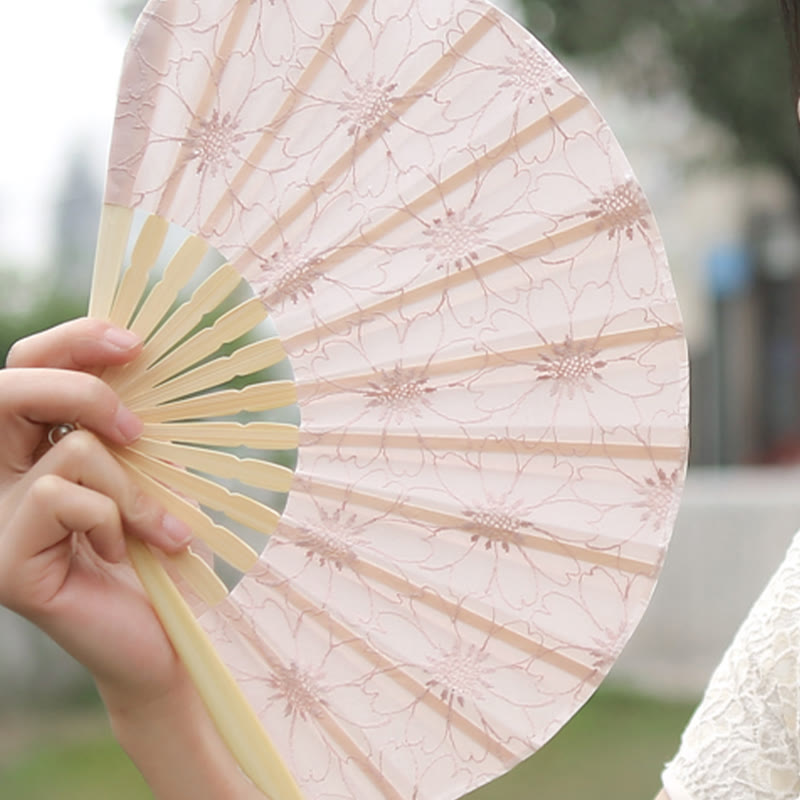 Nimara Ritual Retro Large Flower Embroidery Shell Shape Tassels Handheld Bamboo Folding Fan