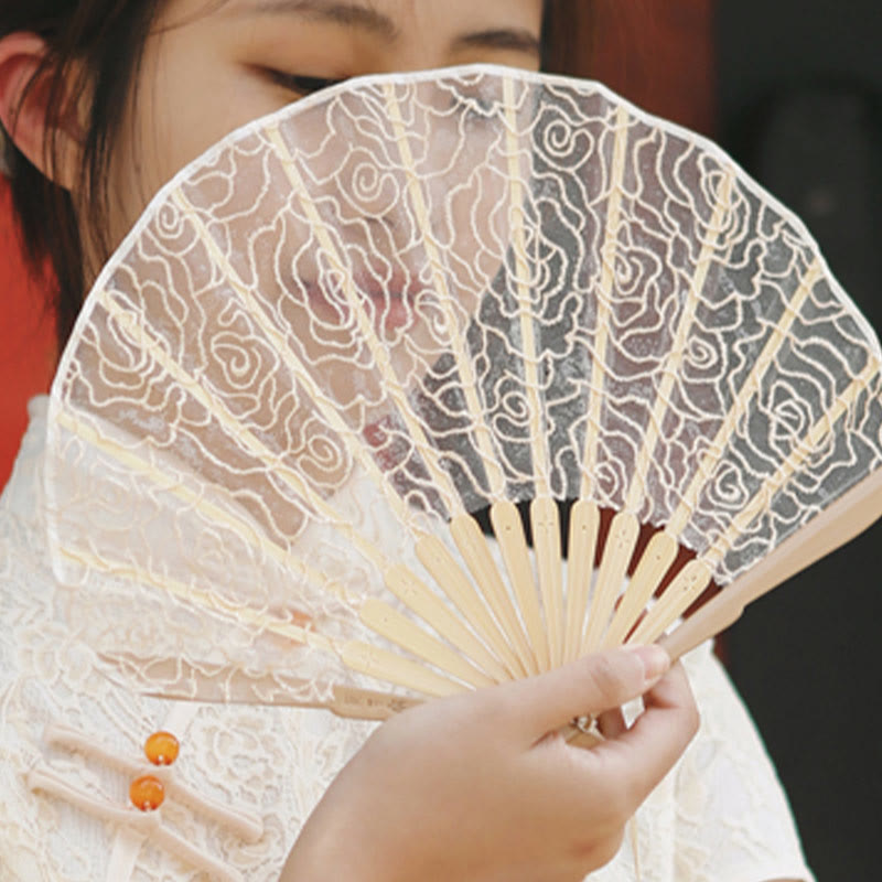 Nimara Ritual Rose Embroidery Lace Shell Shape Tassels Handheld Bamboo Folding Fan