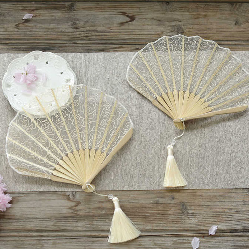 Nimara Ritual Rose Embroidery Lace Shell Shape Tassels Handheld Bamboo Folding Fan