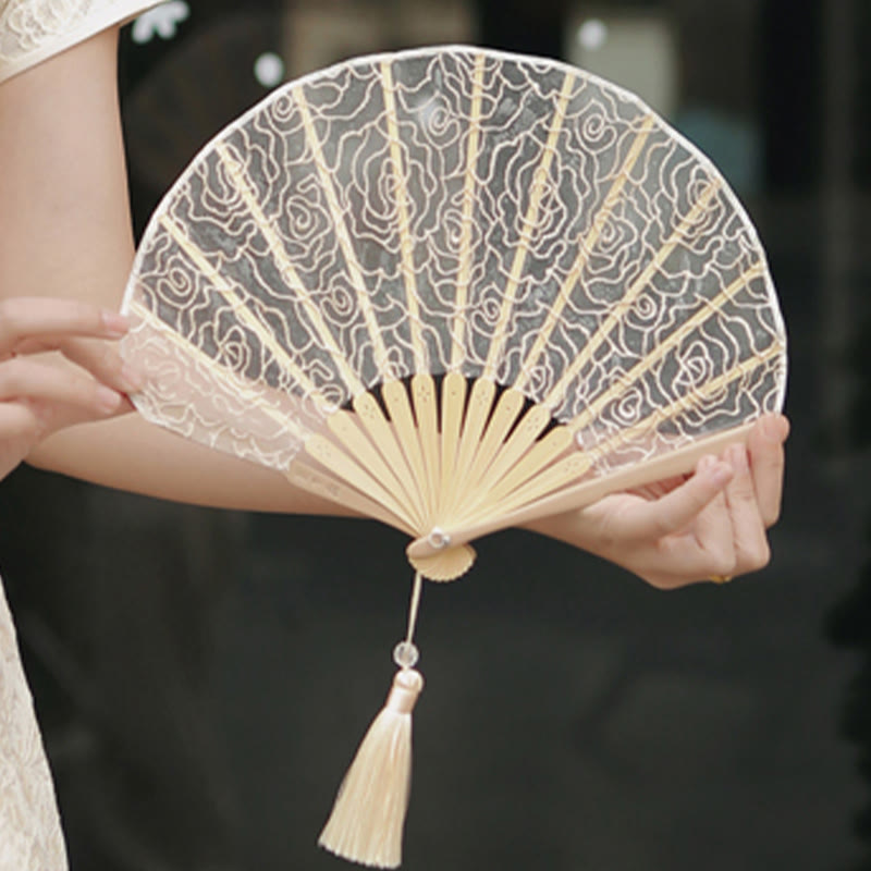 Nimara Ritual Rose Embroidery Lace Shell Shape Tassels Handheld Bamboo Folding Fan