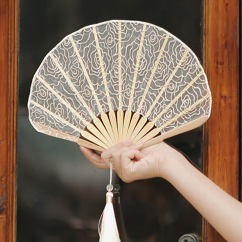 Nimara Ritual Rose Embroidery Lace Shell Shape Tassels Handheld Bamboo Folding Fan