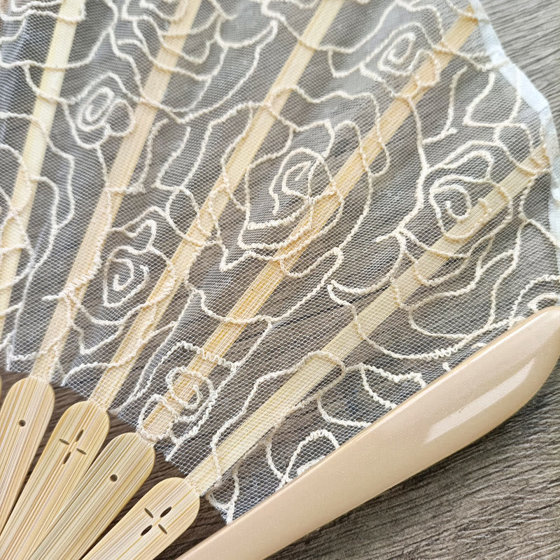 Nimara Ritual Rose Embroidery Lace Shell Shape Tassels Handheld Bamboo Folding Fan