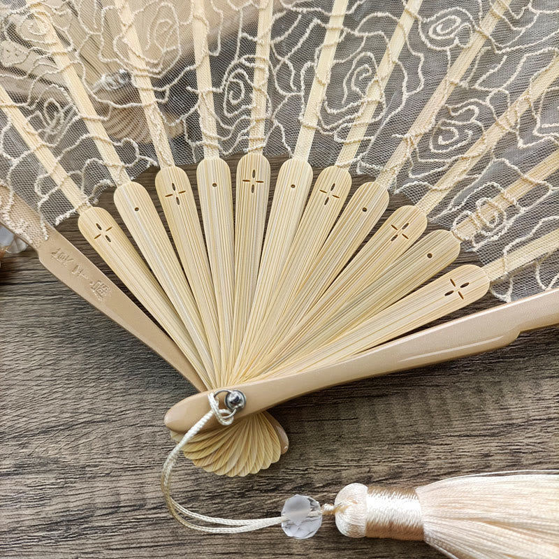 Nimara Ritual Rose Embroidery Lace Shell Shape Tassels Handheld Bamboo Folding Fan