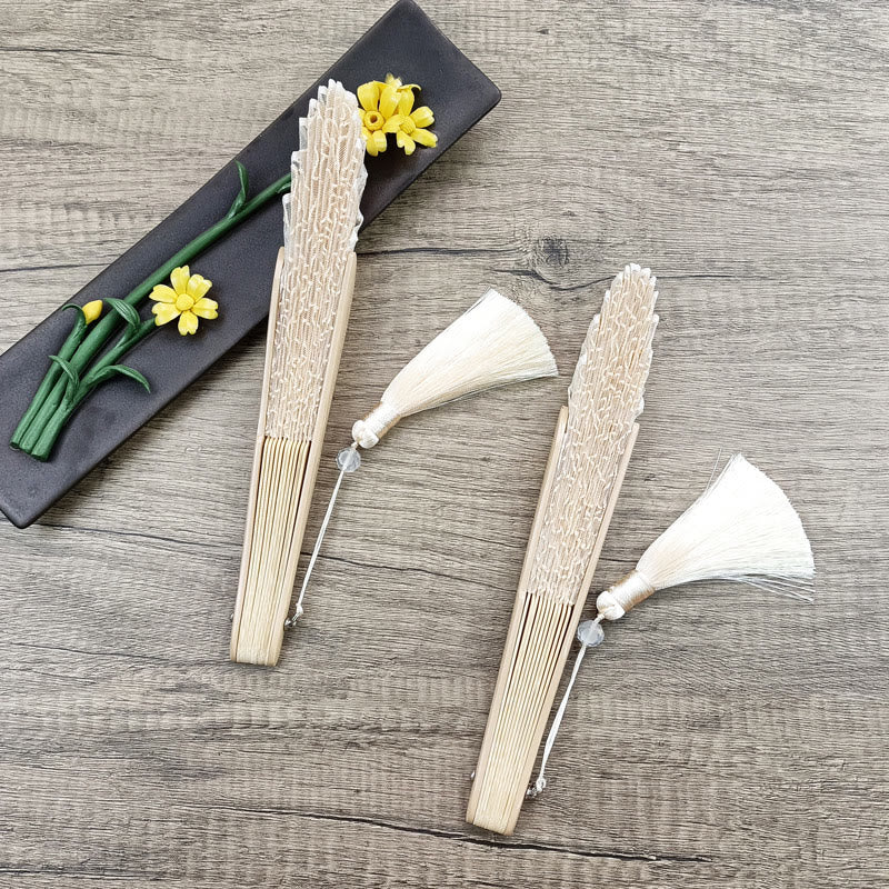 Nimara Ritual Rose Embroidery Lace Shell Shape Tassels Handheld Bamboo Folding Fan