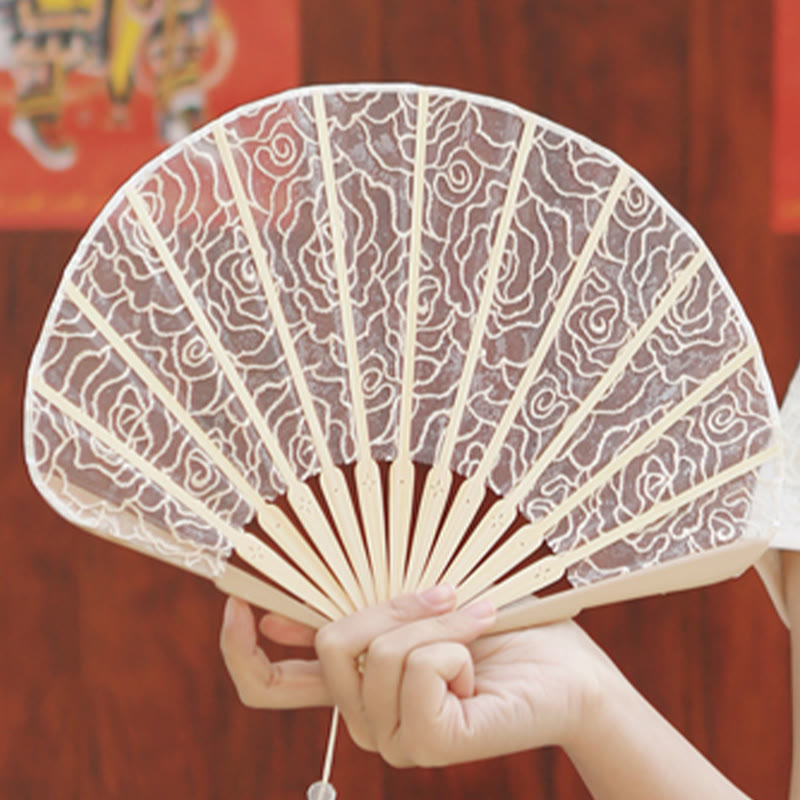 Nimara Ritual Rose Embroidery Lace Shell Shape Tassels Handheld Bamboo Folding Fan