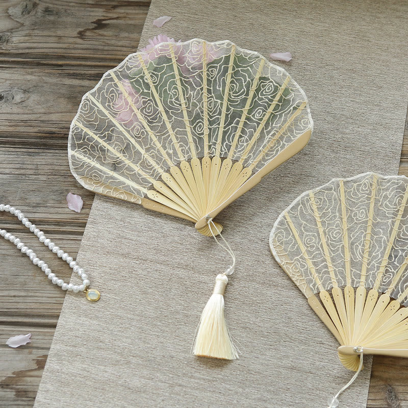 Nimara Ritual Rose Embroidery Lace Shell Shape Tassels Handheld Bamboo Folding Fan