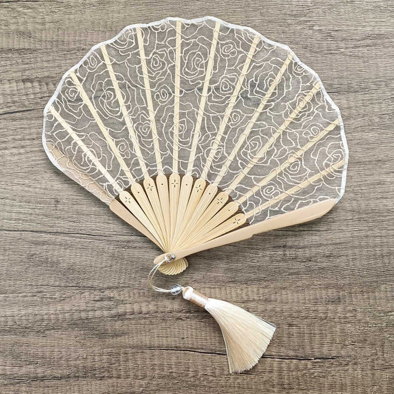 Nimara Ritual Rose Embroidery Lace Shell Shape Tassels Handheld Bamboo Folding Fan