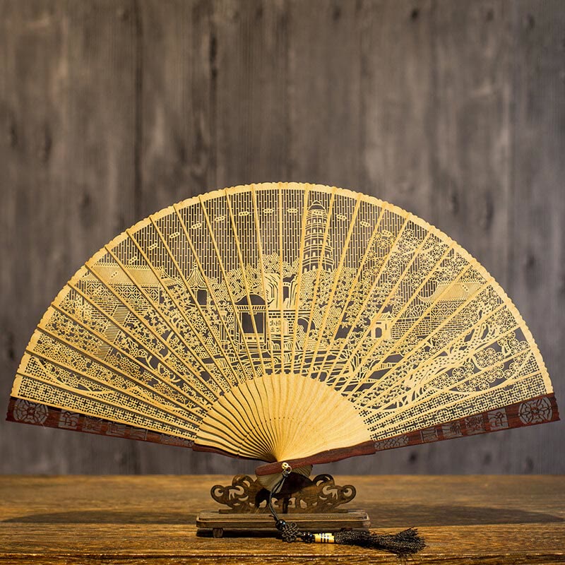 Nimara Ritual Hollow Carving Suzhou Garden Tiger Hill Pattern Handheld Burmese Wood Folding Fan
