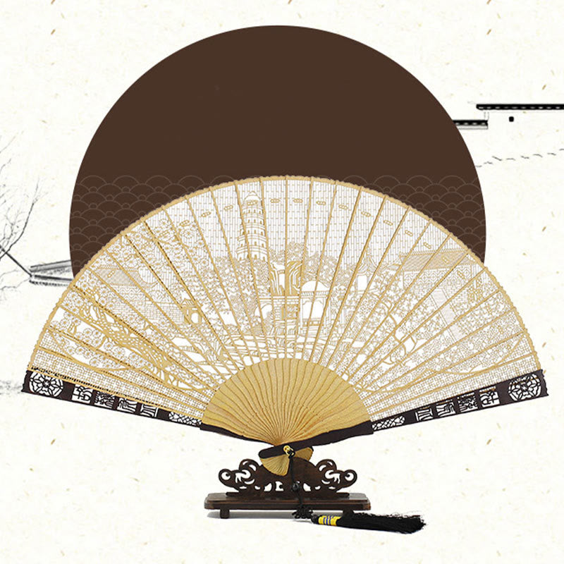 Nimara Ritual Hollow Carving Suzhou Garden Tiger Hill Pattern Handheld Burmese Wood Folding Fan