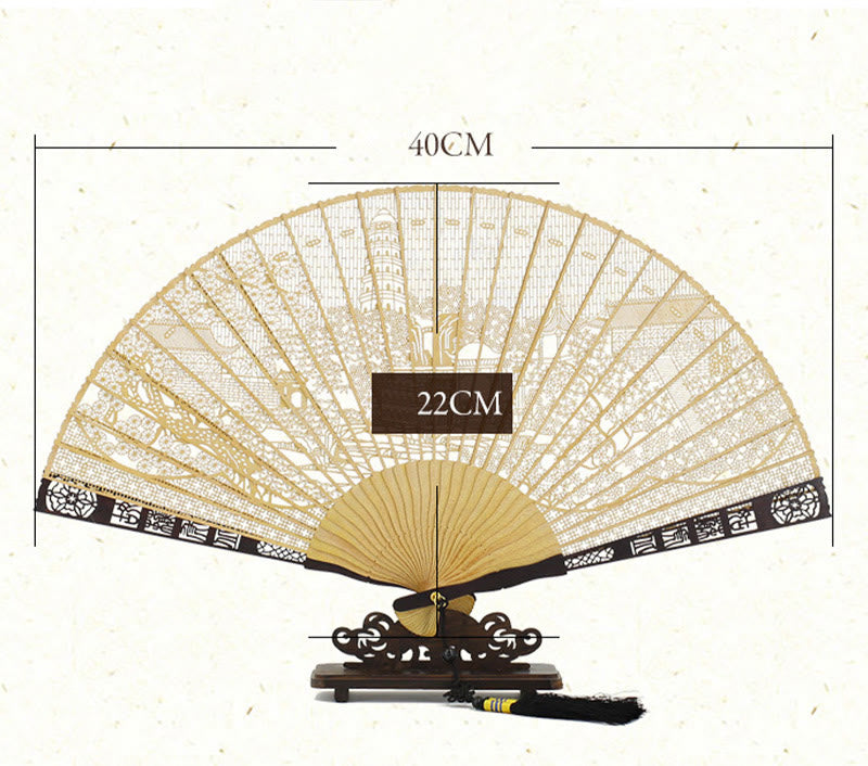 Nimara Ritual Hollow Carving Suzhou Garden Tiger Hill Pattern Handheld Burmese Wood Folding Fan