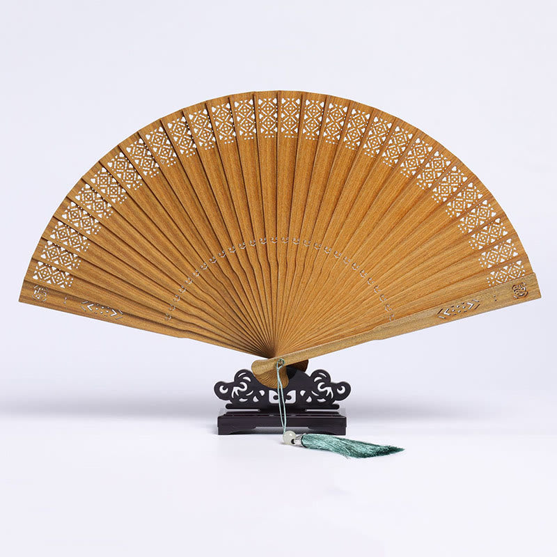 Nimara Ritual Auspicious Clouds Crane Peacock Chang'e Moon Engraved Pattern Handheld Green Sandalwood Folding Fan