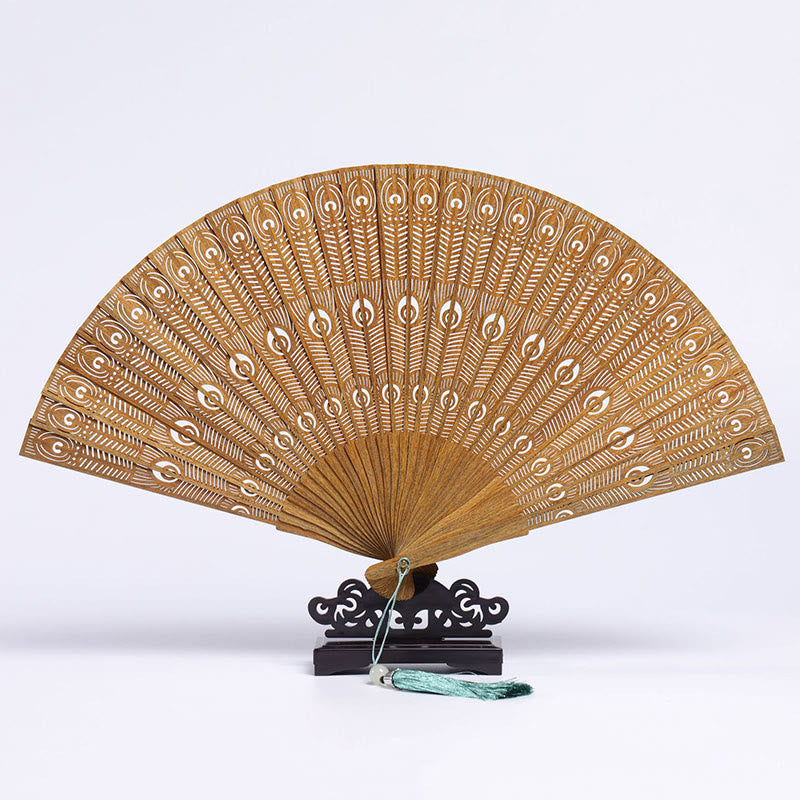 Nimara Ritual Auspicious Clouds Crane Peacock Chang'e Moon Engraved Pattern Handheld Green Sandalwood Folding Fan